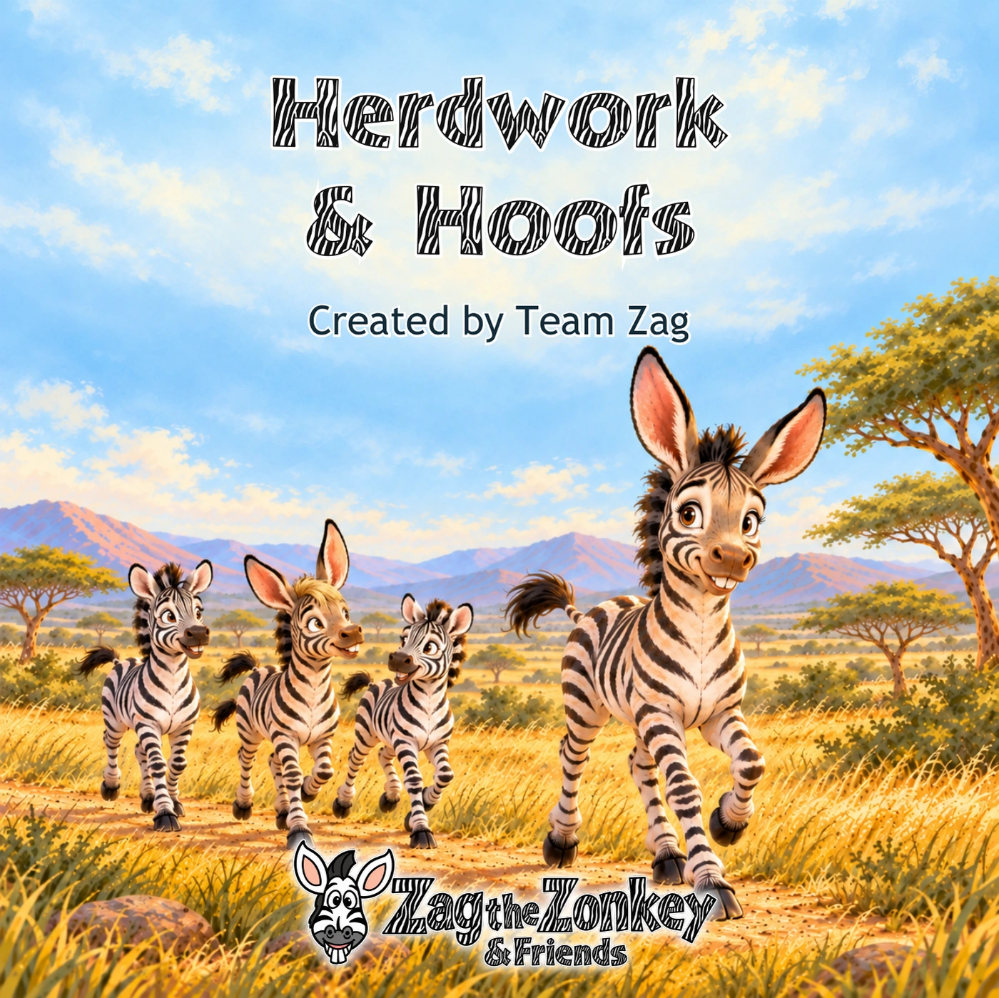 Herdwork & Hoofs: Zag and Zig walk with their zebra friends through a sunny meadow