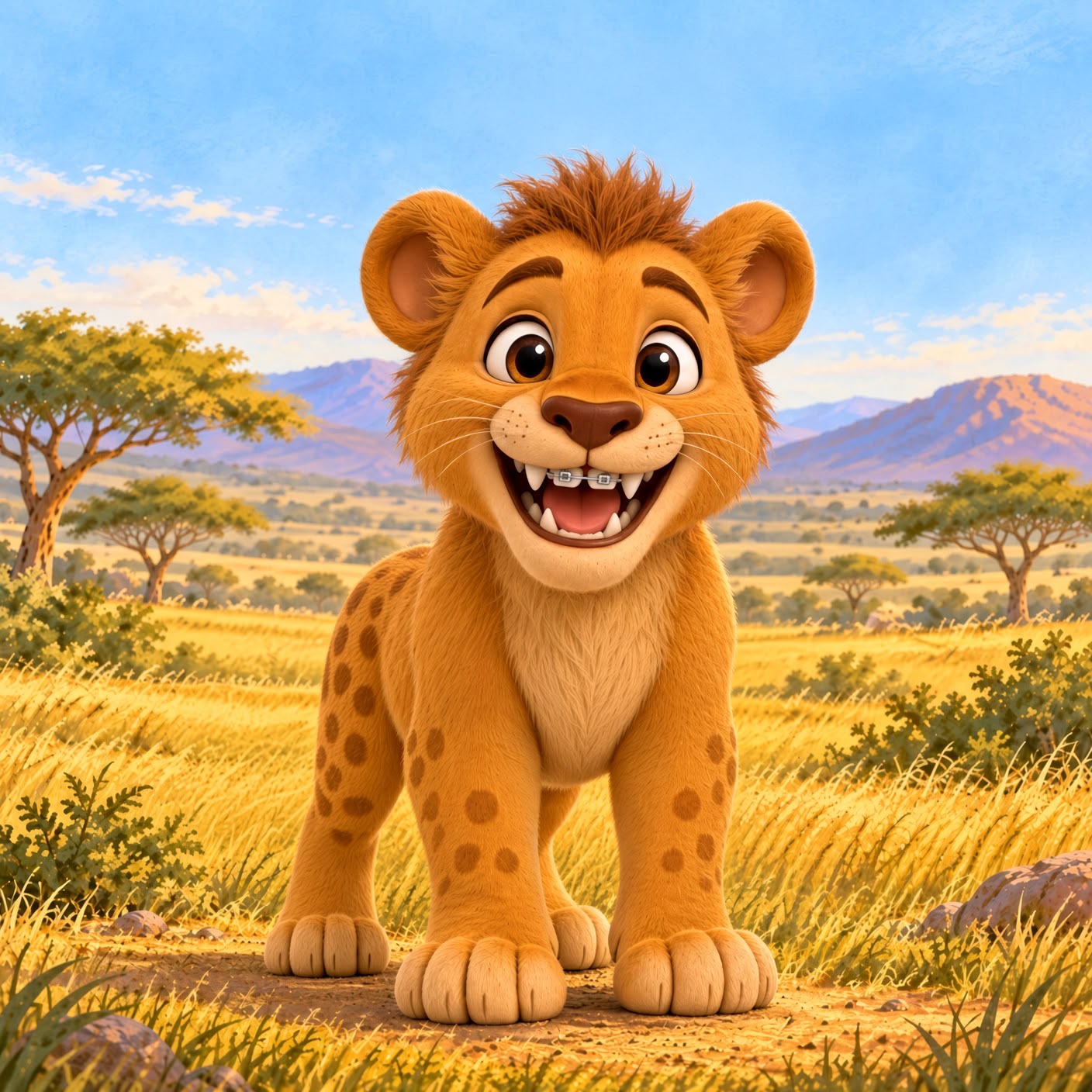 Lito, a young golden lion cub with a short rust-brown mane and braces, smiling and standing on four paws in the sunny savanna
