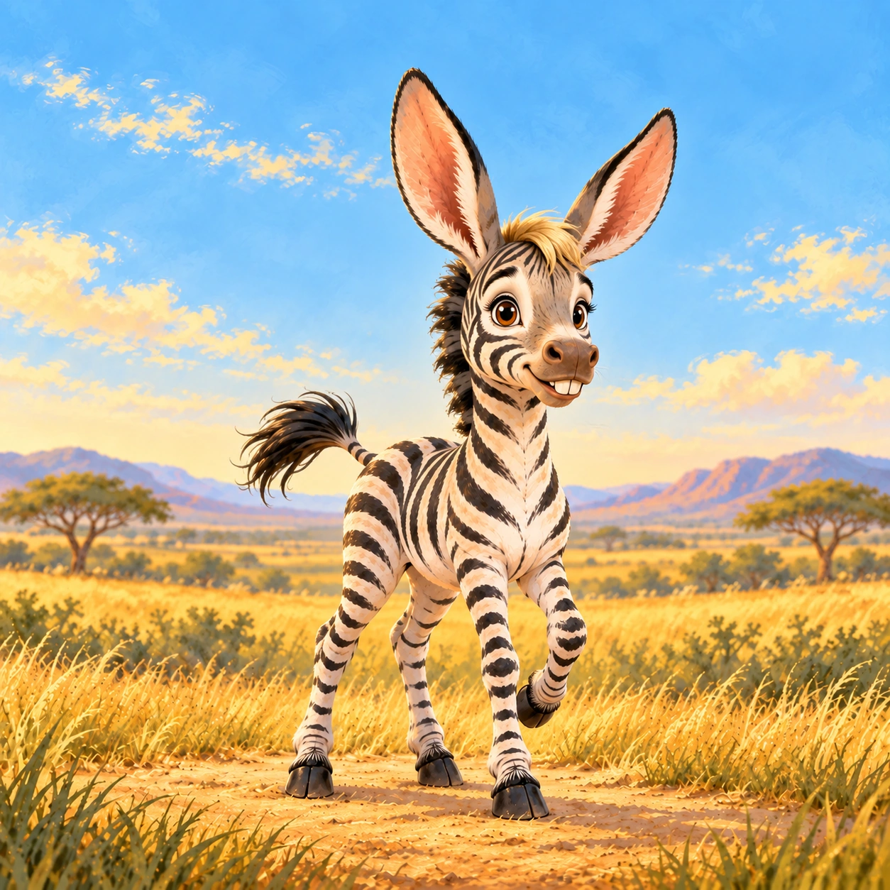 Zig, Zag’s younger sister, a smiling striped zonkey with long ears and a golden forelock, lifting one hoof in the sunny savanna